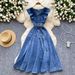 Design Sense V Neck Wood Ear Edge Stitching Single Breasted Waist Slimming Temperament Knee Length Denim Dress_ecoleips.com