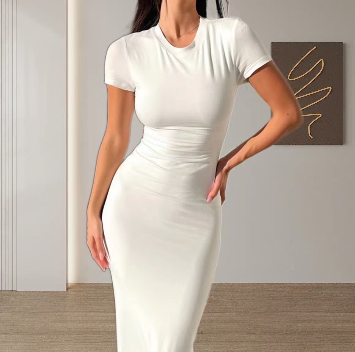 Women's Clothing Spring And Summer Foreign Trade Solid Color Temperament Slim Short Sleeved Dress_ecoleips.com