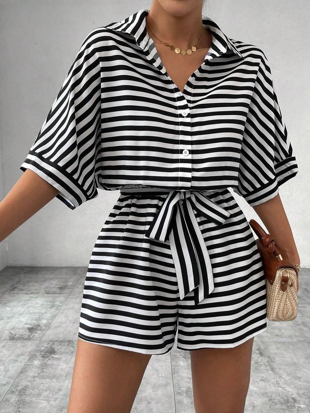 Women's Clothing Spring And Summer Striped Lapel Cardigan Button Mid Sleeve Belt Shorts Suit Jumpsuit_ecoleips.com