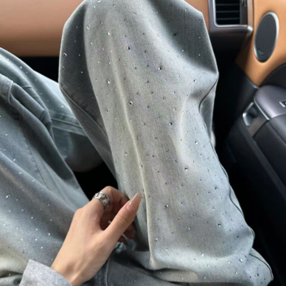 Women's Clothing Light Blue High-Waisted Straight Leg Jeans Women's Rhinestone Design Slimming Loose Fit Narrow Leg Wide Leg Pants_ecoleips.com