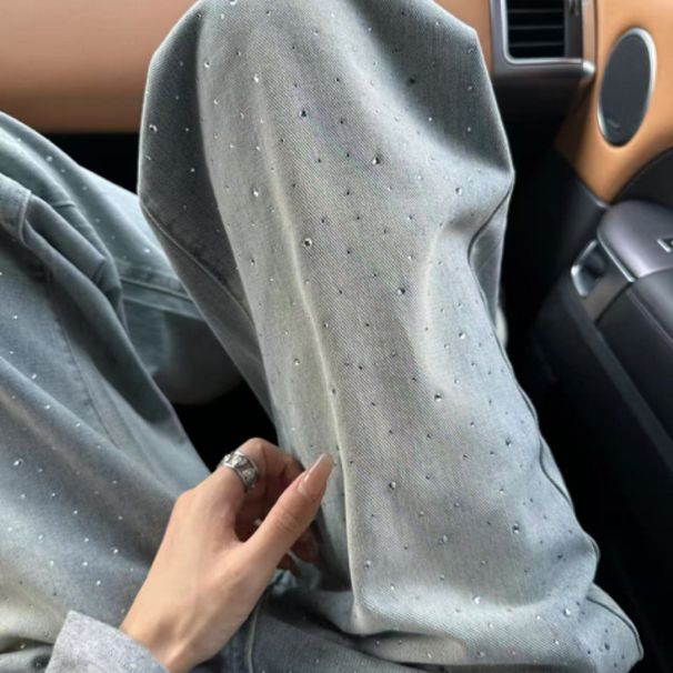 Women's Clothing Light Blue High-Waisted Straight Leg Jeans Women's Rhinestone Design Slimming Loose Fit Narrow Leg Wide Leg Pants_ecoleips.com
