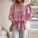 Women's Bohemian Resort Style Blouse V Neck Tie Waist Long Sleeve Printed Shirt European American Foreign Trade Fashion_ecoleips.com