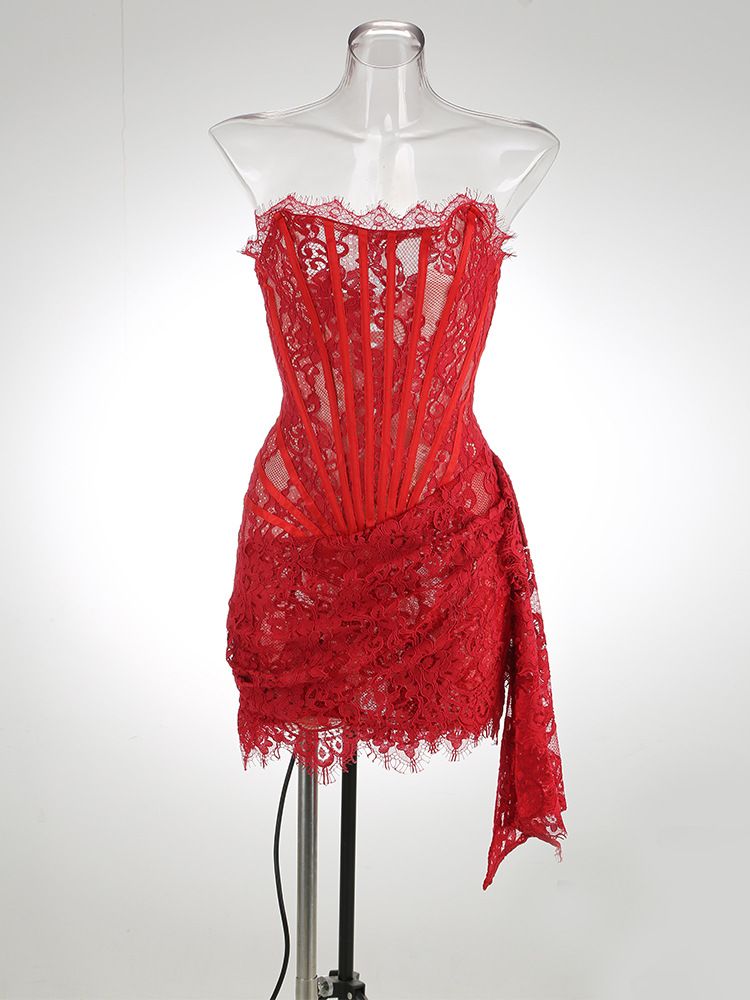 Women's Clothing Fashionable And Sexy One Shoulder Fishbone Lace Tight Pleated Edge Mini Dress_ecoleips.com