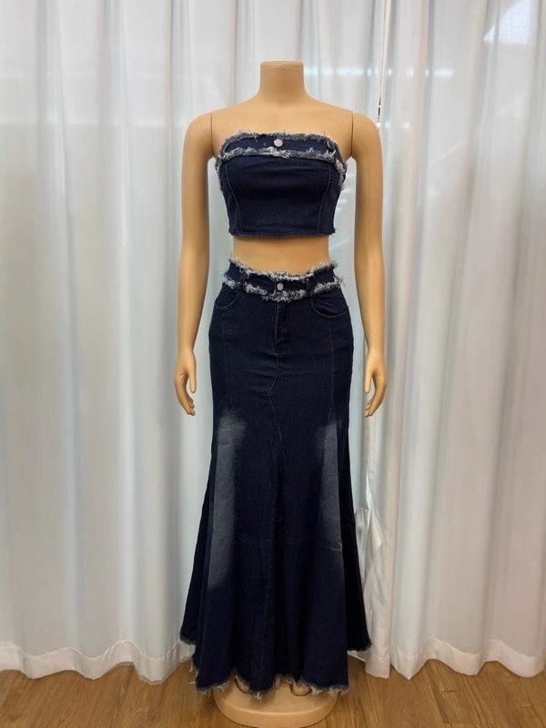 Women's Clothing New Fashion Sexy Tube Top Waist Denim Long Skirt Suit_ecoleips.com