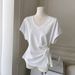 Solid Color Strap Design V-neck Short-sleeved T-shirt Women's Summer Slim-fit Korean Version Inner And Outer Waist Top_ecoleips.com