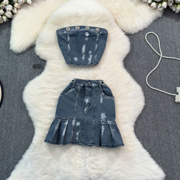 Women's Clothing Personality, Fashionable, Sexy, One Shoulder Tube Top Denim Vest Suit, High Waist, Slimming A Line Skirt_ecoleips.com