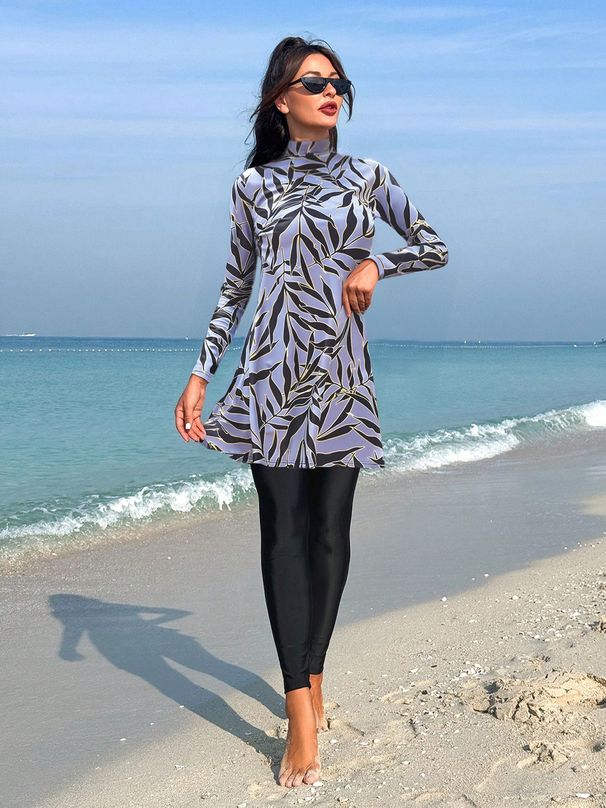 Women's Clothing Women's Two-piece Swimsuit Long-Sleeved Trousers Sunscreen Round-Neck Leaf Pattern Skirt Surfing Suit_ecoleips.com