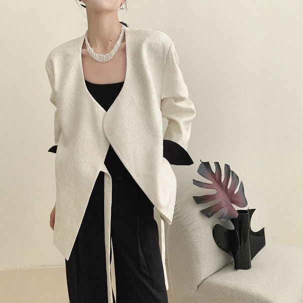 Black White Color-blocking Chinese-style Modern Chinese Blazer With V-neck, Elegant Women's Clothing, New Spring And_ecoleips.com