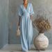 Elegant V-Neck Waist-Defining Jumpsuit For Women - Chic Wide-Leg Romper With Ruffle Detail Flattering V-Neckline_ecoleips.com
