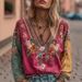 Bohemian Floral Print V-Neck Blouse - Cotton Linen Long Sleeve Tunic Top For Women, Casual Ethnic Embroidered Peasant Shirt_ecoleips.com