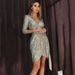 Women Elegant Sexy Short Dress V Neck Long Sleeve 3 Colors Sequined Lace Up Waist Tie Casual Party Cocktail Dress_ecoleips.com