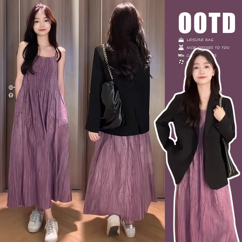 Autumn New Korean Fashion Maternity Dress With Straps + Blazer Two-Piece Set For Pregnant Women_ecoleips.com