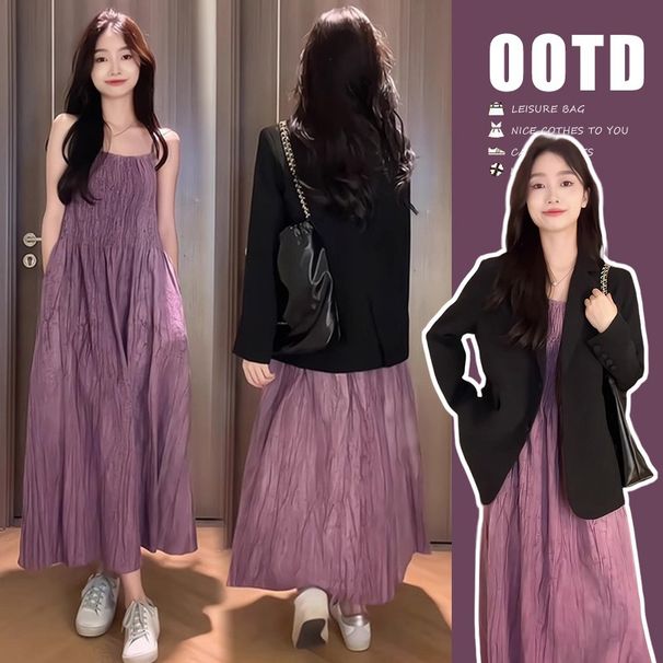 Autumn New Korean Fashion Maternity Dress With Straps + Blazer Two-Piece Set For Pregnant Women_ecoleips.com