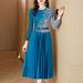 European Style Autumn Fashion Pleated Round-Neck Patchwork Slim-Fit Slimming Dress Mid-Length Pleated Skirt_ecoleips.com