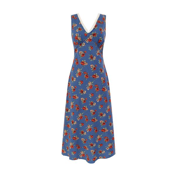 European And American Vacation Style V-Neck Floral Tie Waist Tank Summer New Slim Fit Elegant Long Dress For Women_ecoleips.com