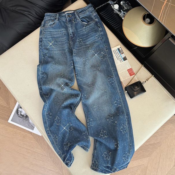 Women's Clothing Women's High-Waisted Straight Leg Jeans Blue Floral And Rhinestone Embroidery Retro Wide Leg Design For Spring And Autumn_ecoleips.com