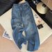 Women's Clothing Women's High-Waisted Straight Leg Jeans Blue Floral And Rhinestone Embroidery Retro Wide Leg Design For Spring And Autumn_ecoleips.com