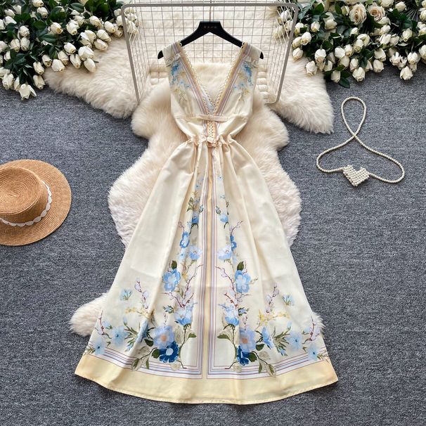 Women's French Romantic V Neck Dress Printed High Waisted Slimming mid Length Sleeveless Elegant Vacation Style_ecoleips.com
