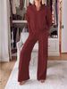 Women's Clothing New Casual Threaded V Neck Long Sleeved Loose Top Wide Leg Pants Two Piece Set_ecoleips.com