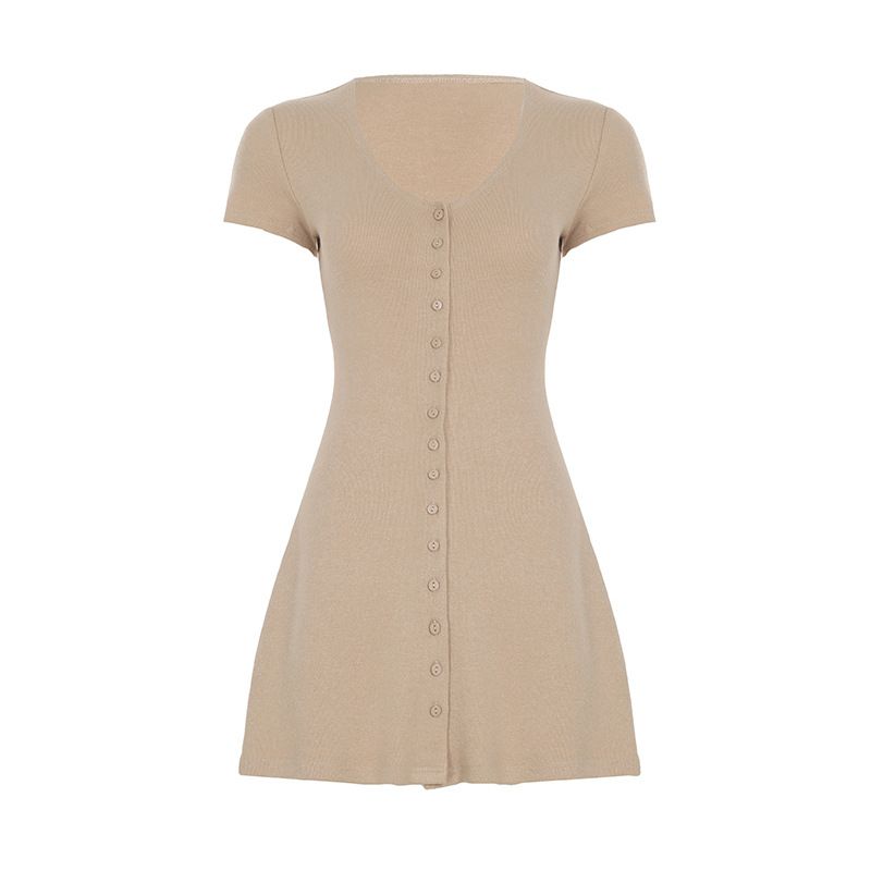 Summer Solid Color Basic French Street Style Button Waist A-line Spicy Girl Casual Knitted Short Sleeve Dress_ecoleips.com