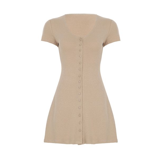 Summer Solid Color Basic French Street Style Button Waist A-line Spicy Girl Casual Knitted Short Sleeve Dress_ecoleips.com