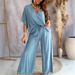 Women's Clothing Hot Sale V Neck Bat Sleeve Top Lace Up Casual Pants Two Piece Set_ecoleips.com