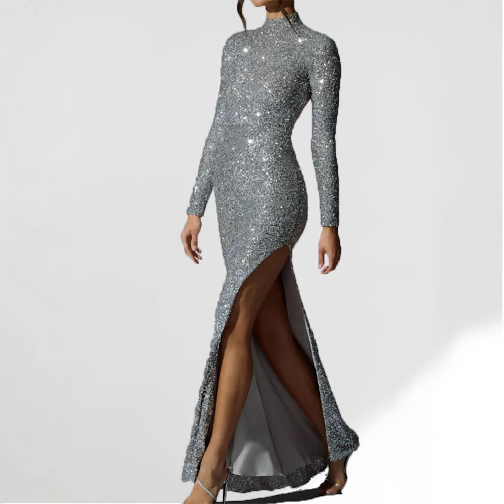 Women's Clothing Glitter High Neck Long Sleeve Bodycon Dress With Backless & Slit Design – Trendy Party & Evening Wear (Black, Silver)_ecoleips.com