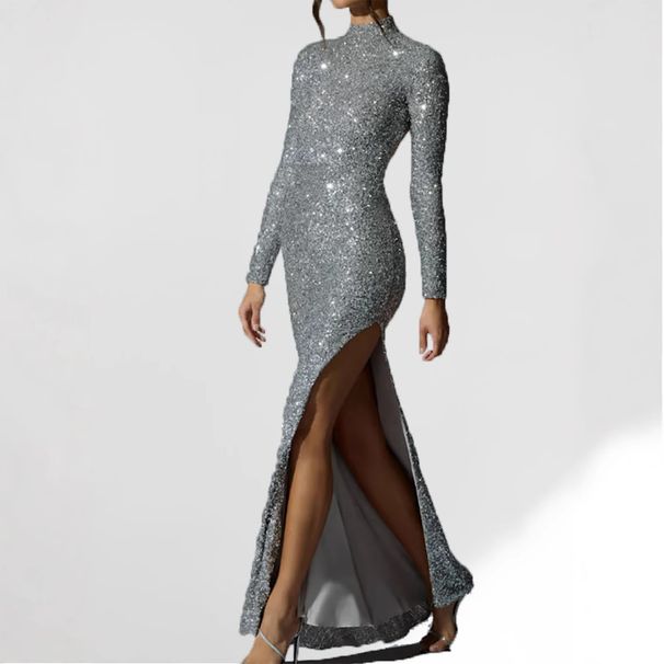 Women's Clothing Glitter High Neck Long Sleeve Bodycon Dress With Backless & Slit Design – Trendy Party & Evening Wear (Black, Silver)_ecoleips.com