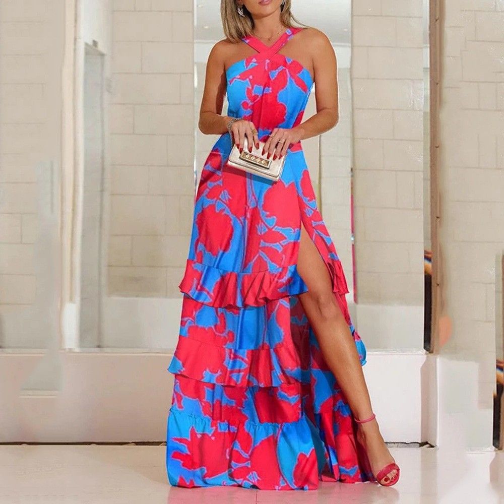 Women's Clothing Sling Dress Print V-Neck Sleeveless Dress_ecoleips.com