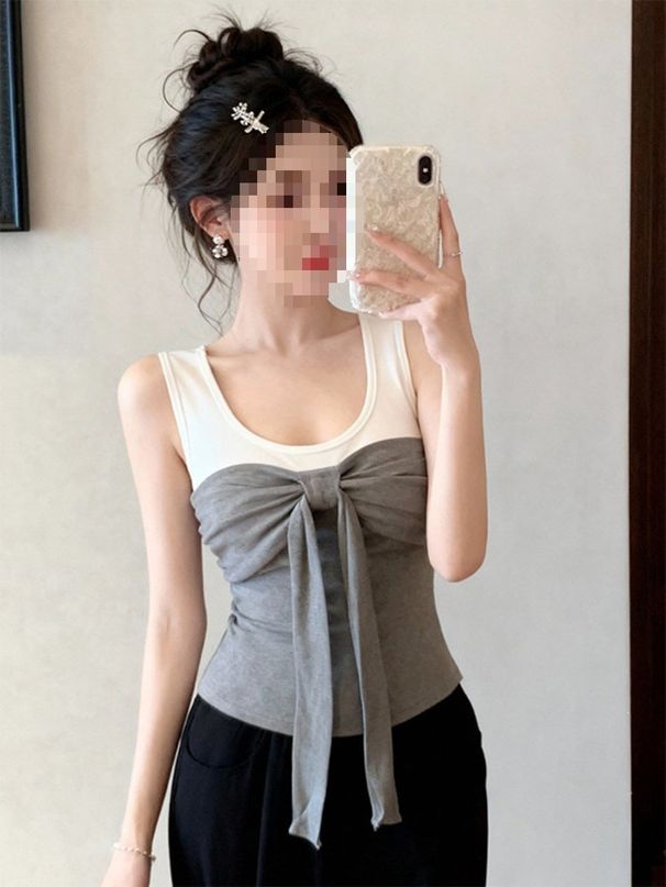 French-Style Bow-Tie Age-Reducing Camisole For Women, Summer Outerwear With Chest Pads, Color-Blocking, Slim-Fit_ecoleips.com