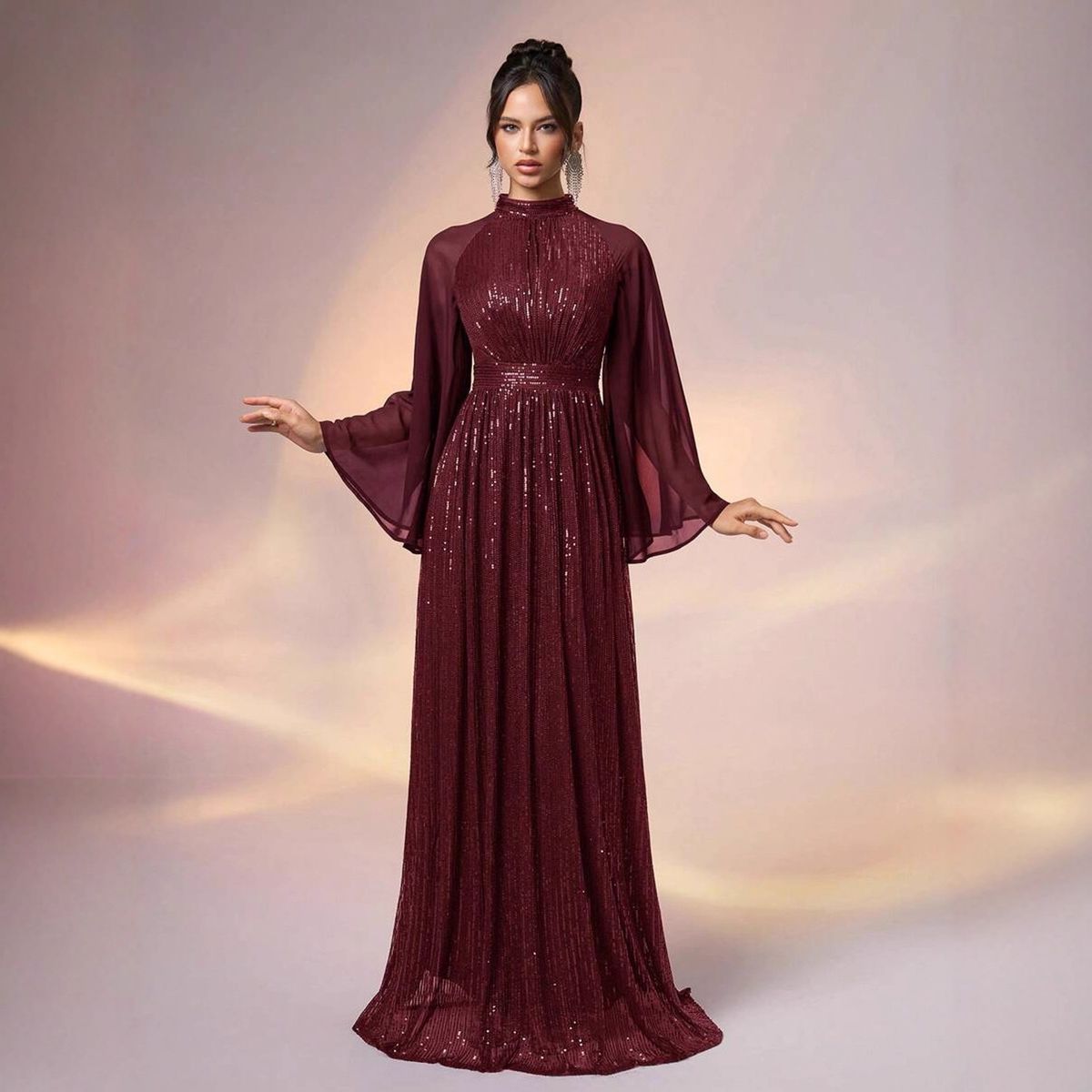 Elegant Long Sleeve Sequin Dress For Women - Glittery Off-Shoulder Evening Gown With High Waist & Bodycon Fit (Red, Xs/S/M/L/Xl)_ecoleips.com