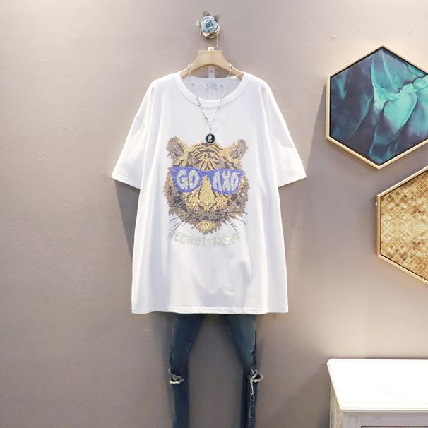 Pure Cotton Heavy-duty Trendy Rhinestone Glasses Tiger Pattern Short-sleeve T-shirt, New Summer Fashion, Loose Fit, Plus_ecoleips.com