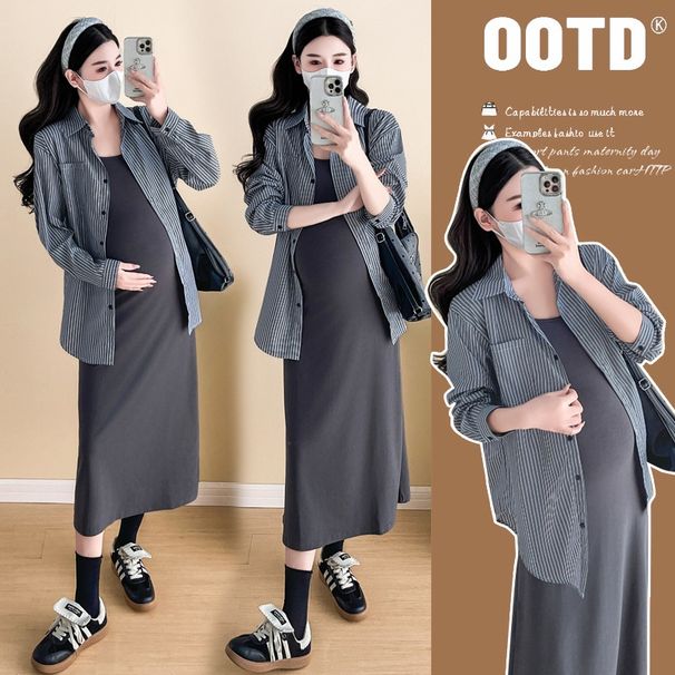 Autumn New Korean Fashion Striped Shirt + Pure Cotton Dress Two-Piece Maternity Set_ecoleips.com