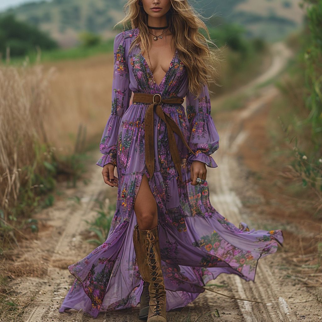 Hot Selling Pastoral Bohemian Print V-Neck Long Sleeve Dress_ecoleips.com