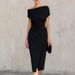 Women's Clothing Off The Shoulder Pleated Dress Fitted Waist Banquets Work Formal Wear Slit For Formal & Casual For Women_ecoleips.com