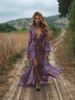 Hot Selling Pastoral Bohemian Print V-Neck Long Sleeve Dress_ecoleips.com