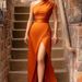 New Arrival Orange Solid Color One Shoulder Sleeveless High Waist Cinched Waist Long Dress Elegant Temperament Commute Dress_ecoleips.com