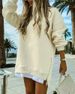 Women's Spring Autumn Fashion Splicing Side Zipper Design Sweatshirt Round Neck Long Sleeved Mid Length Irregular Tops_ecoleips.com