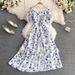 Floral Print Tea Break Dress Summer Style Slimming Flattering Square Neck a Line Full Skirt Gentle Sweet First Love Style_ecoleips.com