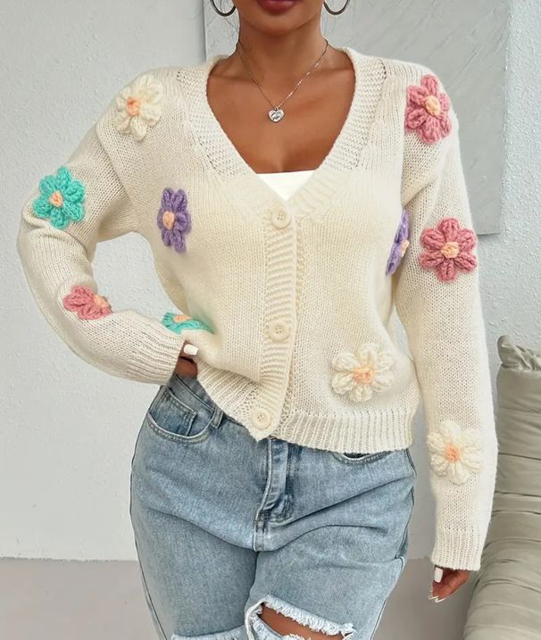 3D Floral Embroidered Cardigan – Oversized Knit Sweater With Handcrafted Appliqués (4 Sizes, Breathable Polyester Blend, V-Neck)_ecoleips.com