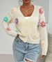 3D Floral Embroidered Cardigan – Oversized Knit Sweater With Handcrafted Appliqués (4 Sizes, Breathable Polyester Blend, V-Neck)_ecoleips.com