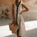Women's Clothing Women's Elegant Color Block Midi Dress Ruffle Sleeveless Cotton And Linen Blend Style For Formal & Casual For Women_ecoleips.com