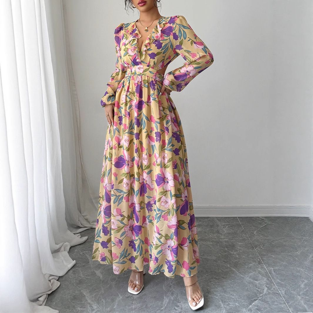Women's Clothing Temperament Elegant Style Printed V Neck Dress Women's Clothing Spring And Summer_ecoleips.com