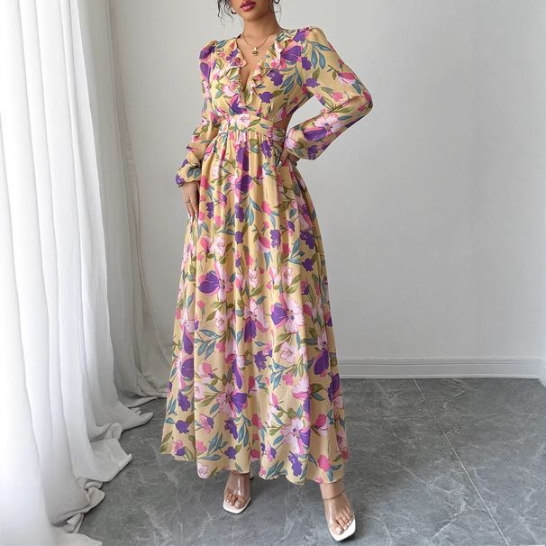 Women's Clothing Temperament Elegant Style Printed V Neck Dress Women's Clothing Spring And Summer_ecoleips.com