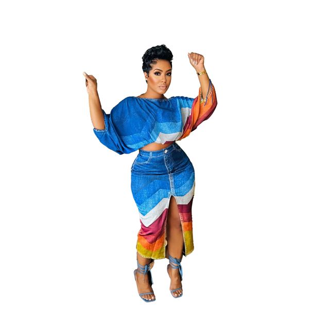 Women's Clothing Off The Shoulder Batwing Sleeve Top And Slit Skirt Two Piece Set Style Printed Top Skirt Separate Women's Clothing_ecoleips.com