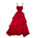Red Strapless Resort Style Dress for Women High End Feel Pleated Waist French Style Irregular Ruffled Hem_ecoleips.com