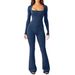 K Women's Long Sleeved Abdominal Cinching Waist Cinching Hip Lifting Square Collar Wide Leg High Stretch Jumpsuit_ecoleips.com
