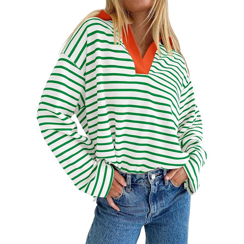 Women's Oversized Stripe Polo Collar Long Sleeve Sweatshirt – Casual Streetwear Cotton Blend Fall/Winter Fashion_ecoleips.com