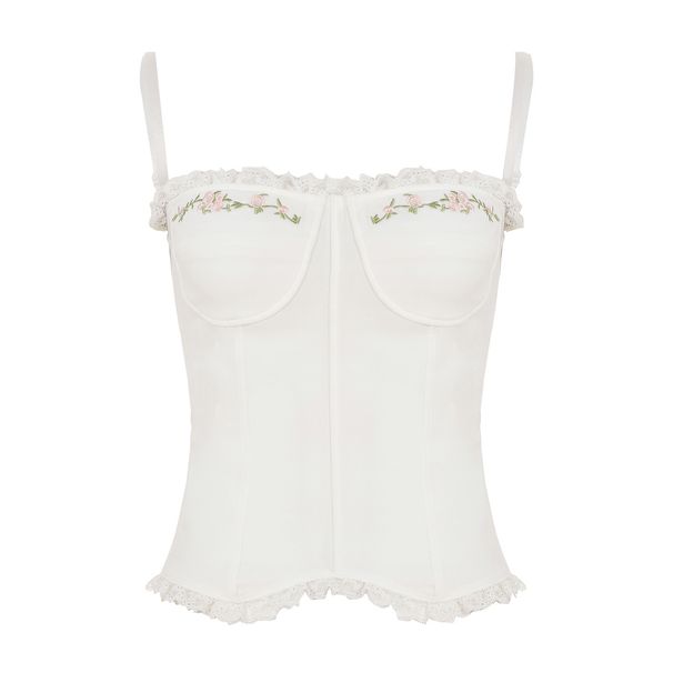 Pure Youthful Embroidered Lace Collar Camisole, Summer European And American Style, Gentle Waist-cinching Short Tank Top_ecoleips.com