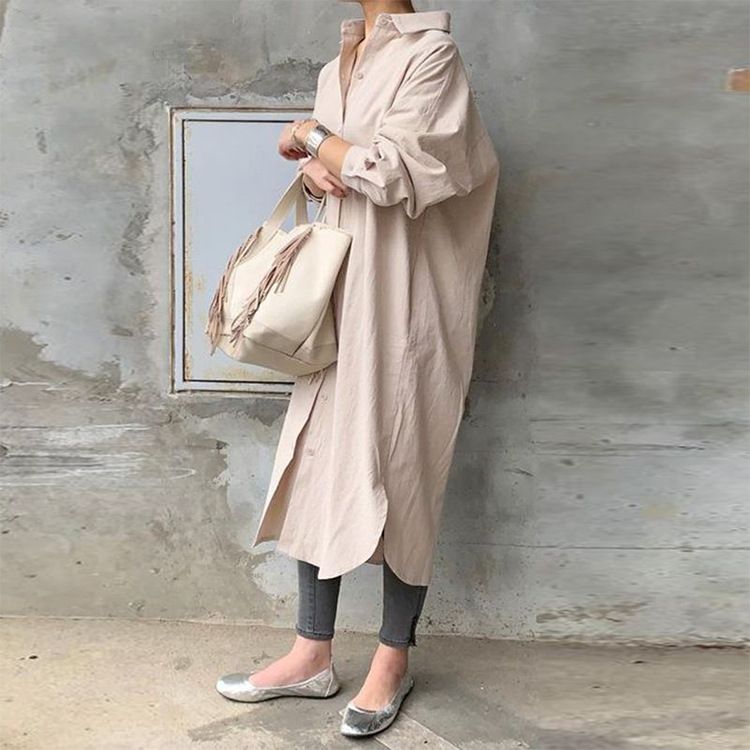 Modest Abaya Dress Women's Korean Patchwork Long Sleeve Shirt Cotton OL Style Straight Cut Trench Coat For Spring_ecoleips.com